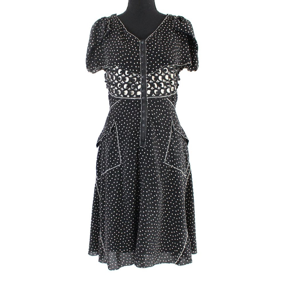 Byron Lars Beguile Black Tan Laser Cut Fit & Flare Flutter Midi Dress 2 Spotted